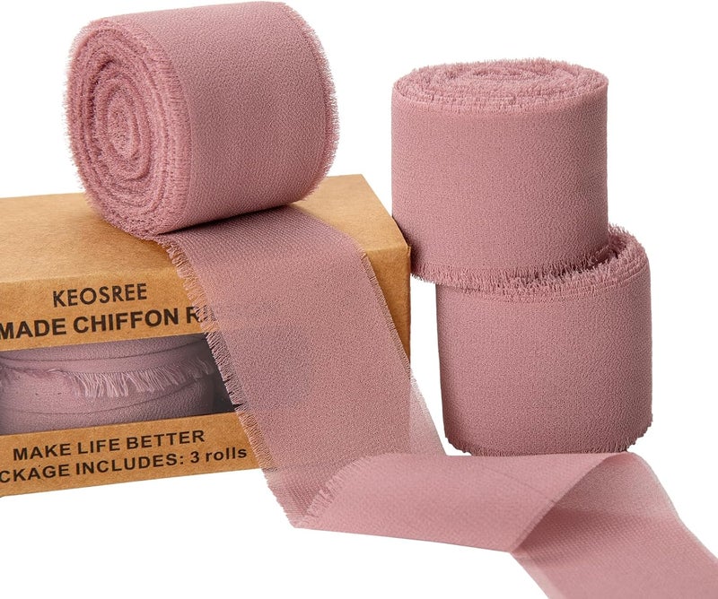 KEOSREE 3 Rolls Dusty Rose Handmade Chiffon Ribbon,1.5" x 21Yd Frayed Fringe Silk Mauve Ribbons (3 Rolls *7Yd) for Gifts Wrapping, Wedding Invitations, Bridal Bouquets, Decorations - Image 1